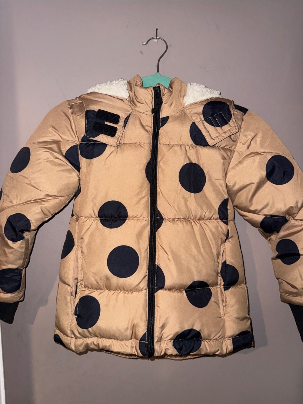 Kids Beige Polka Dot Puffer Jacket with Red Lining and Sherpa Lined Hood